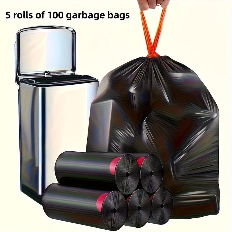 TEMU 5 Rolls Of 100-pack Thick Black Leak-proof Drawstring Trash Bags - Durable Vinyl, Design For Bathroom, Kitchen, Outdoor, Restaurant, Hotel Use -
