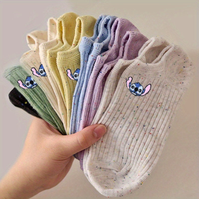 TEMU 5 Pairs Women's Stitch Cartoon Socks - Cute & Comfortable Breathable Ankle Socks With Designs, Assorted Colors - Casual Attire, Cute Socks,