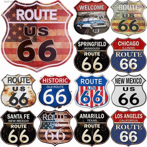 Metal Painting Route 66 USA Flags Shield Metal Tin Signs Posters Plate Wall Decor for Garage Bars Man Cave Cafe Clubs Home Retro Posters Pla