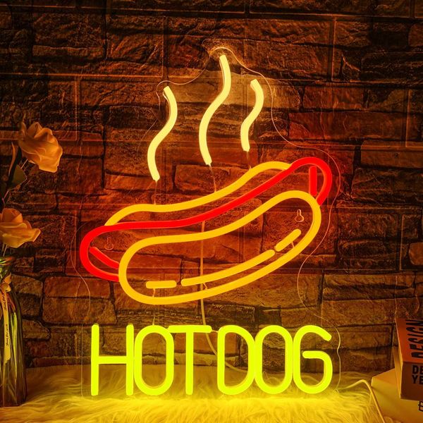 Dimmable Hot Dog Neon Sign for Wall Decor Hot Dog Store Cafeteria Christmas Birthday Party Gift Led Art Wall Hanging Decor Light M250118