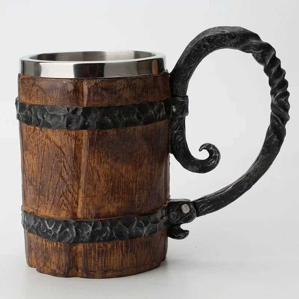 500-600ml Viking Wood style Beer Mug Christmas Gift Simulation Wooden Barrel Beer Cup Double Wall Drinking Mug Metal InsulatedM240803