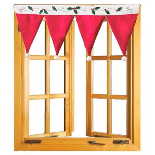 Christmas Curtains Red Christmas Santa Hat Cap Window Valance Curtain Pennant Festival Home Decor Christmas Home Decoration ZZ