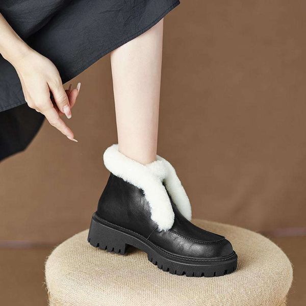 Wool Full Grain Leather Round Toe Med Heels Snow Keep Warm Fur Leisure Winter Cozy Vintage Slip On Ankle Boots