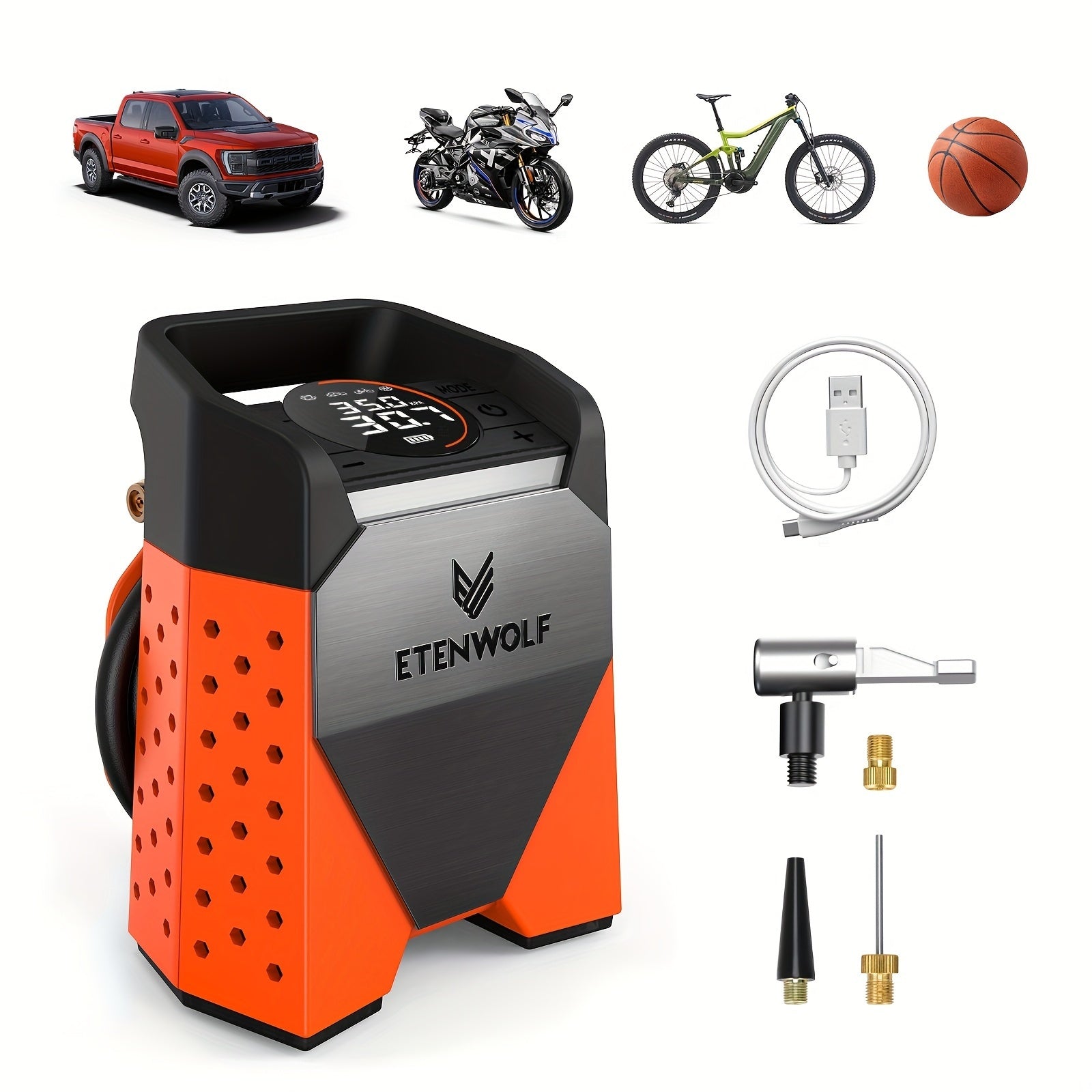 TEMU Etenwolf S3c Ultra-fast Tire Inflator With 160psi And 22l-min Inflation And 7,800mah Battery For Cars, Motorcycles, Bikes And Balls. Includes