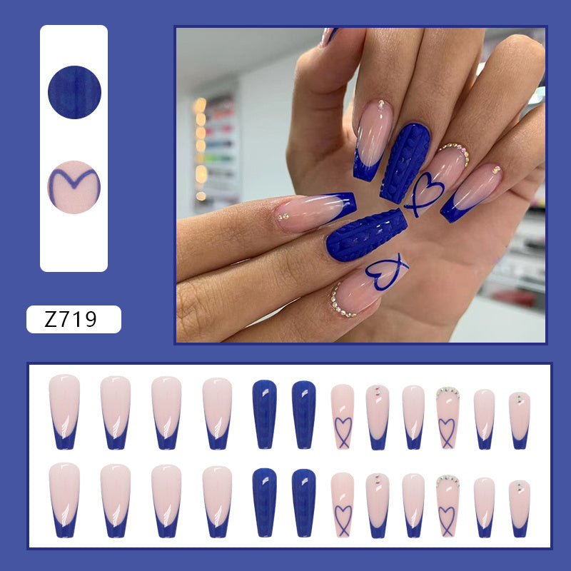 TEMU 24pcs Chic Blue French Tip Press-on Nails With & Rhinestones - Glossy Long , Summer