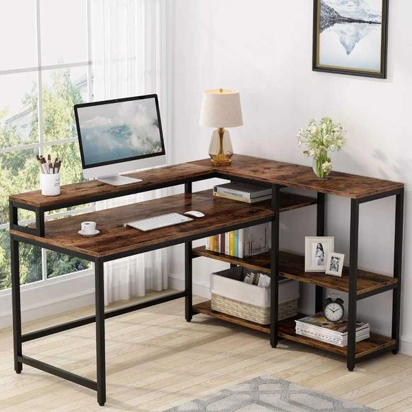 Other Furniture Tribesigns 55 Inch Reversible L Shaped Computer Desk with Storage Shelf Industrial Corner Desk with Shelves and Monitor Stan