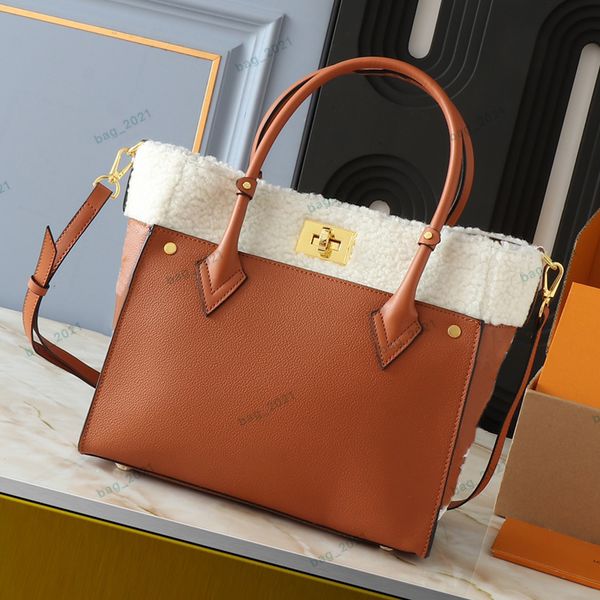 On My Side MM Tote Bags Gold Lock Women Shoulder Bag Crossbody Luxury Designer Stitching Grain Calf Handbags Purse Double Handle Adjustable