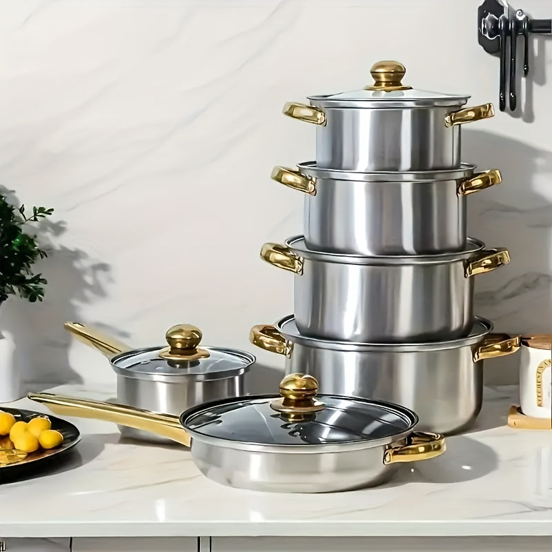 TEMU 12pcs Stainless Steel Cookware Set, Pots And Pans Set With , Frying Pans, Saucepan And 6 Glass Lids, Induction, Gas And Electric Stovetop