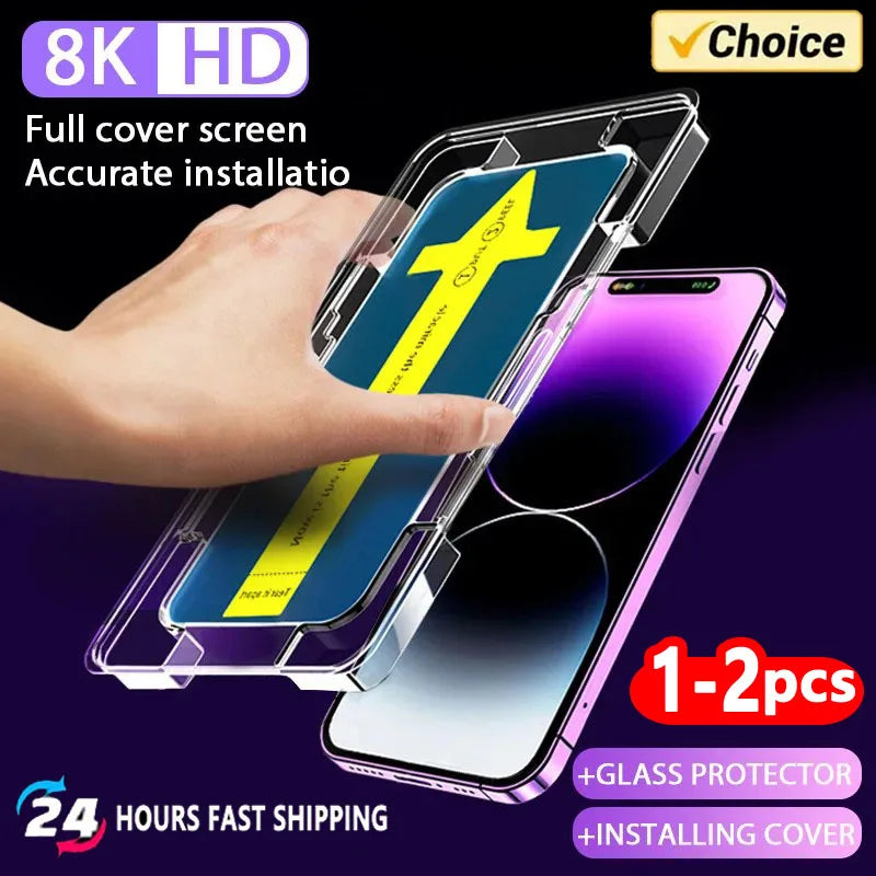 8K High End Tempered Glass Film For iPhone 16 15 14 13 12 11 Pro Max XS MAX 15 Plus Screen Protector With Alignment Mounting Cover