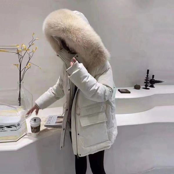 Solid Womens Winter Down Jacket with Fur Collar Zip UP Long Sleeve Womens Down Jacket with Hood Black White Casual Coats Down 240105