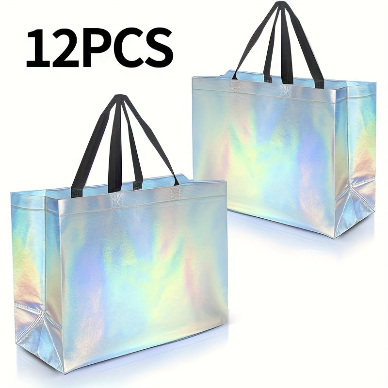 TEMU Halloween Iridescent Glossy Gift Bags 12-24-48pcs, 13x5.1x11in Non-woven Reusable Goodie Bags Bulk, With Black Handles & Sturdy Base, Christmas