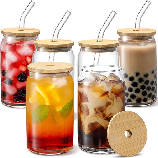 Creative Can Shape Tea Juice Milk Glass Cup With Bamboo Lid Coffee Mug Glass Drink Cup High Borosilicate Glass Drinkware Durable