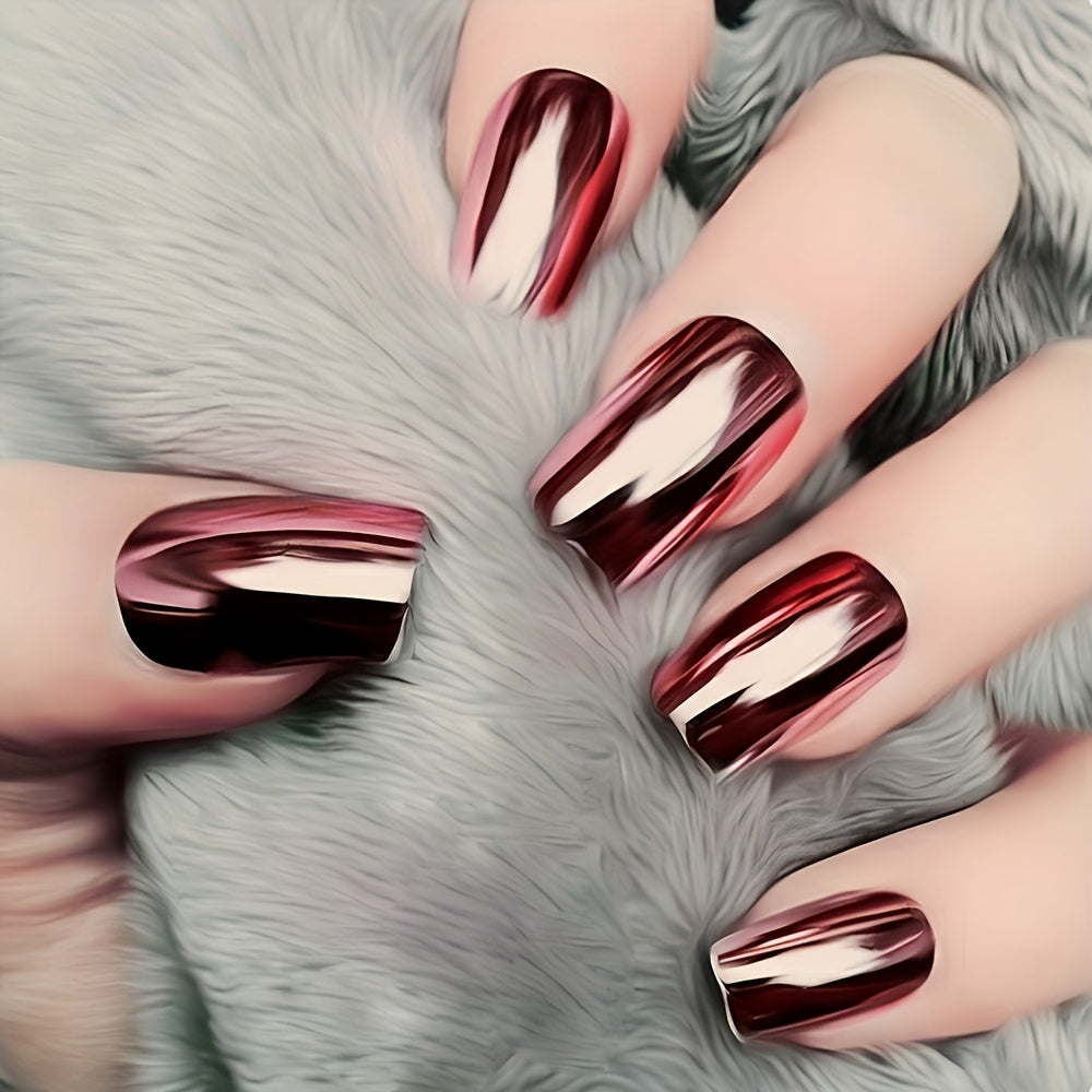 TEMU Luxury Square Press-on Nails, Medium Length Glossy Finish, Electric Plating False Nail Stickers