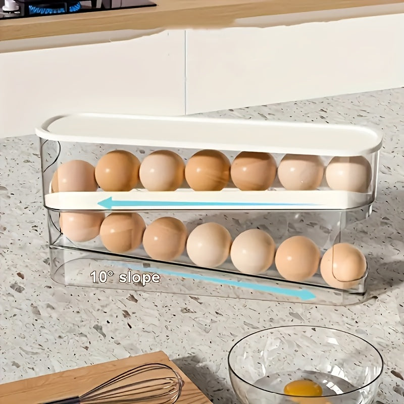 TEMU Space-saving Storage Box For Refrigerator Door - Double-layer Stackable Egg Tray With Auto-repositioning, No Battery Needed, Durable Plastic