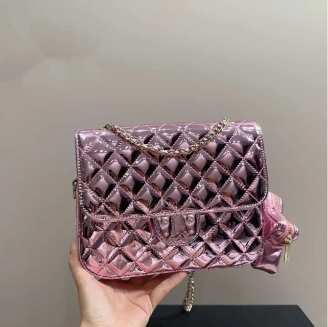 2025hot Designer Bag Luxury Star Purse Mirrored Leather Double Chain Crossbody Backpack Shoulder with gold and silver clutch.