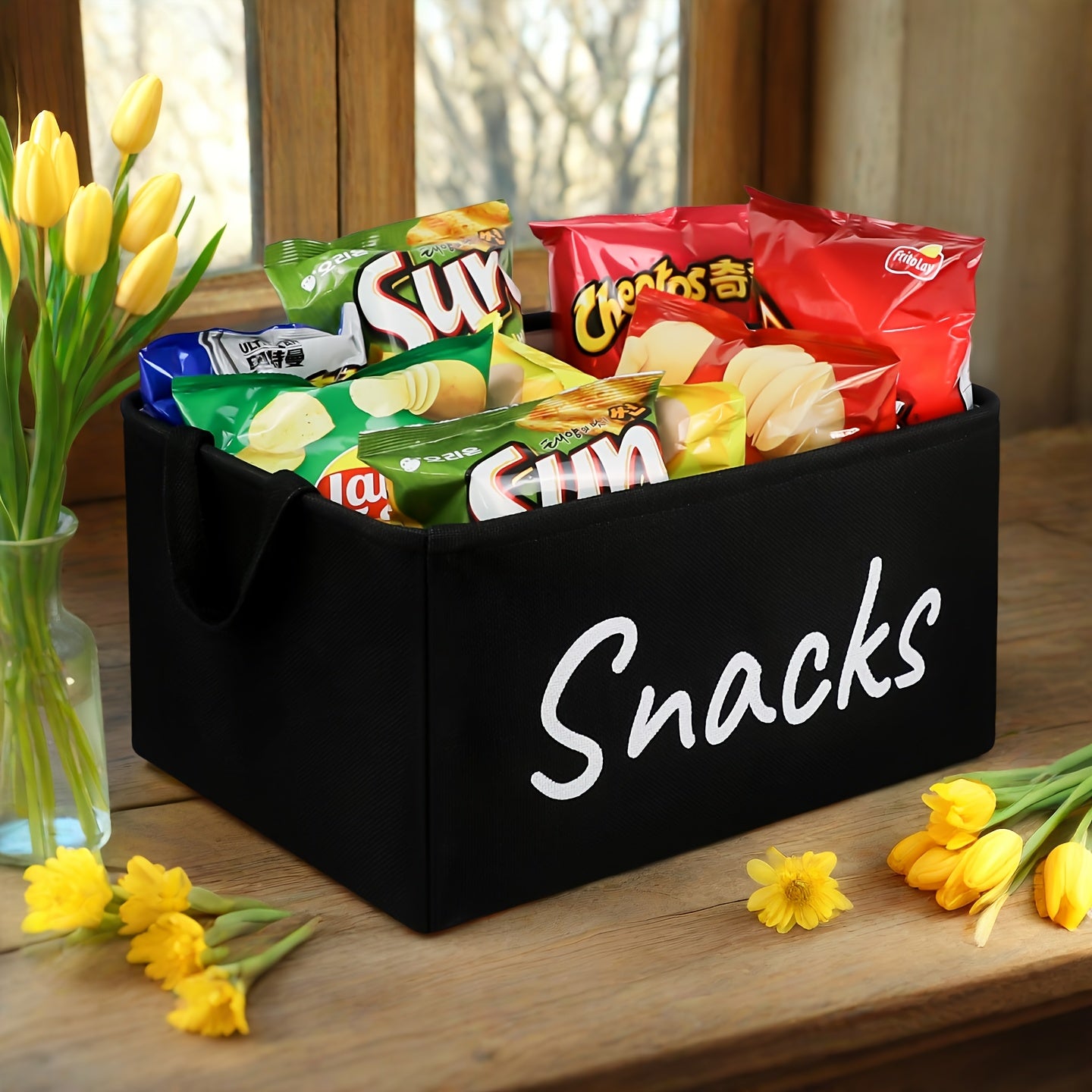 TEMU Snack Bin Organizer With Lid - Black Kitchen Storage Basket, Fabric Pantry & Countertop Organizer For Chips, , Popcorn, Candy - Space-saving