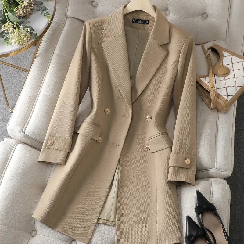 Autumn Winter Jacket Women Long Blazer Khaki Coffee Black Office Ladies Formal Jacket Business Work Wear Coat Female Outerwear 240306