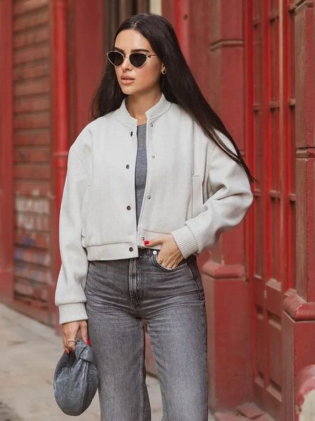 with Pockets Bomber Jacket Coat Female Elegant Jackets Outerwear Y2K Tweed Jackets for Women Chic Stand Collar 240813