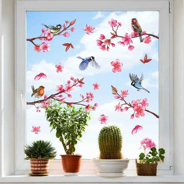 Flower Birds Stickers Window Decor Vinyl Art Spring Flowers Glass Wall Decal for Home Bathroom Kids Room Decoration Y240810