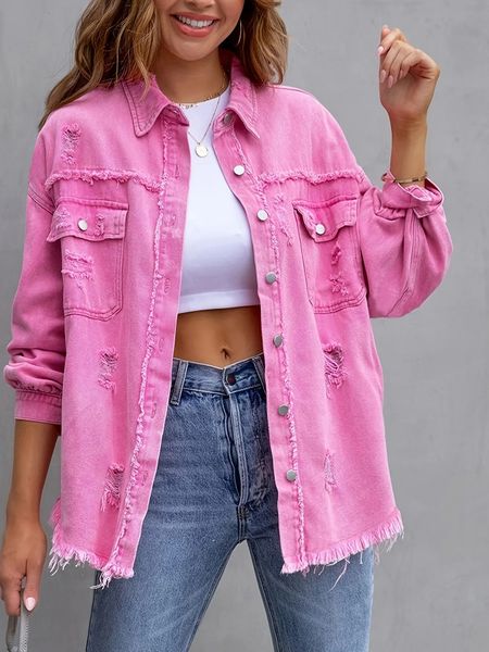 Women Denim Coat Turn Down Collar Long Sleeve Holes Jackets Single Breasted Button Cardigan Outerwear Pockets Solid Spring 250121