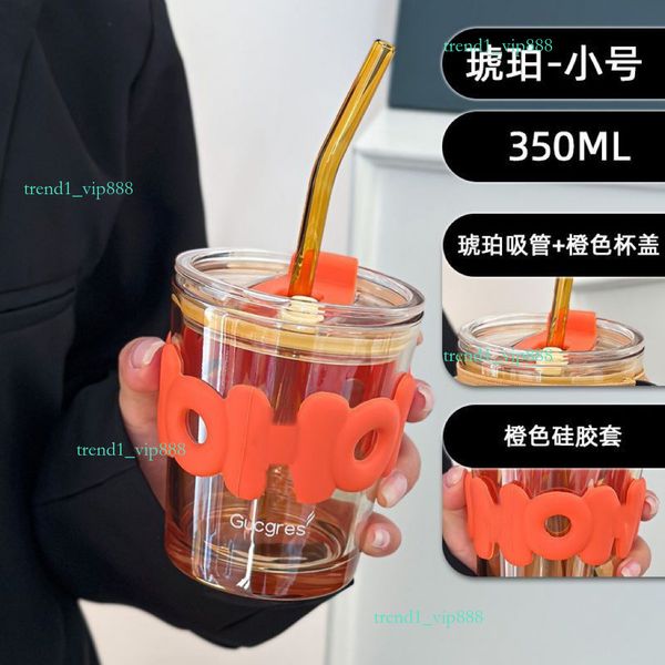 Water Bottles cup Stripe Glass cups Transparent Glasses With Lid And Straw Ice Coffee Mug Tea Literary sense cups with lid and straw 2aa