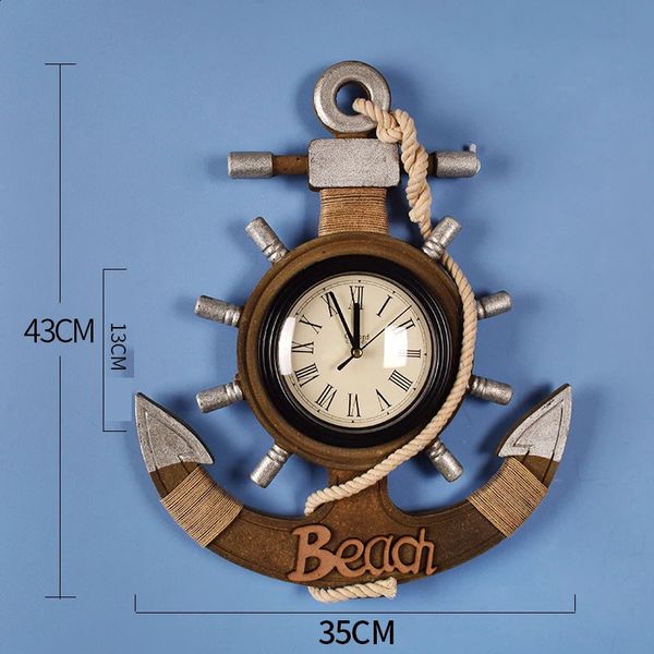 Mediterranean Retro Style Anchor Wall Clock Wooden Rudders Creative Silent Wall Hanging Clocks Coffee Bar Home Wall Decorations 240824