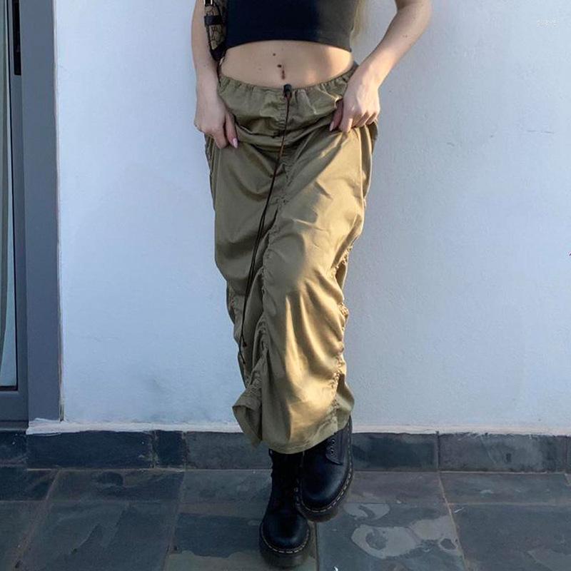 Skirts Parachute Skirt Ladies Cargo Ruched Long Green Streetwear Y2k Fashion Vintage Adjustable Retro Clothes Women
