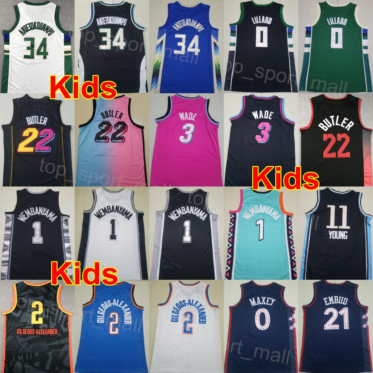 Youth Basketball Jerseys Kids Tyrese Maxey 0 Joel Embiid 21 Victor Wembanyama 1 Dwyane Wade 3 Jimmy Butler 22 Damian Lillard 0 Giannis Antetokounmpo