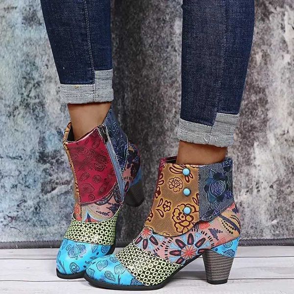 Vintage Splicing Printed Ankle Boots for Women Shoes Female PU Leather Retro Block High Heels Bohemian Ladies Winter Short Bootsz241108