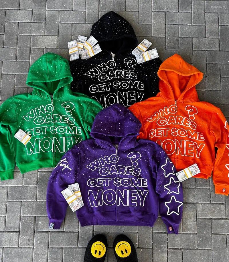 Men&#039;s Hoodies Cares Get Some Money Applique Printed Zip Hoodie Womens Graphic Sweatshirt Retro Streetwear Casual Hooded