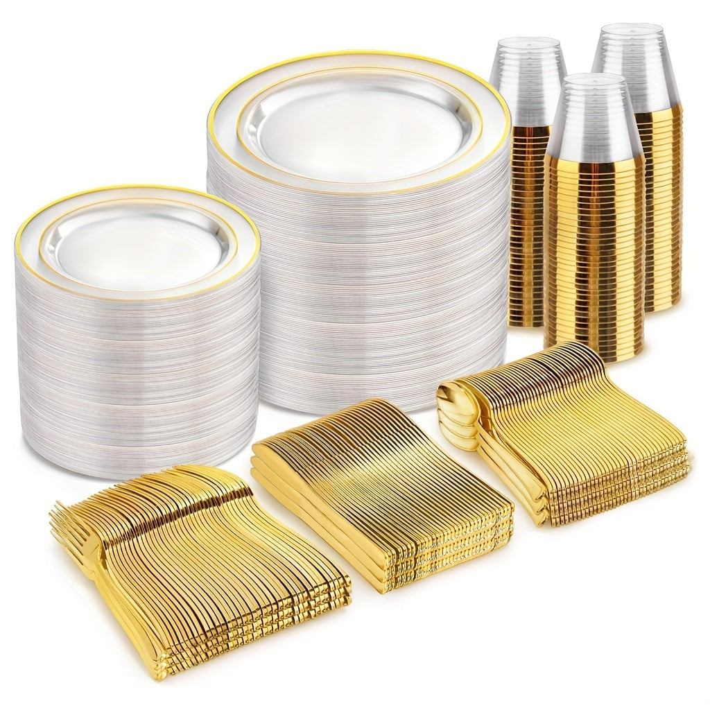 TEMU 600pcs Golden Disposable Plates For 100 Guests, Plastic Plates For Party, Dinnerware Set Of 100 Dinner Plates, 100 Salad Plates, 100 Spoons, 100