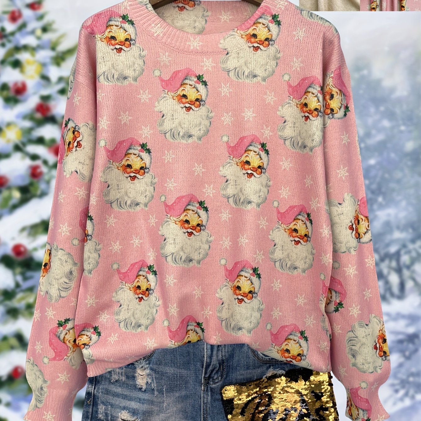 TEMU Women's Lightweight Christmas Sweater - All- Crew Neck Long Sleeve Casual Pullover, Soft Design For Festive Occasions & Casual Attire, Christmas