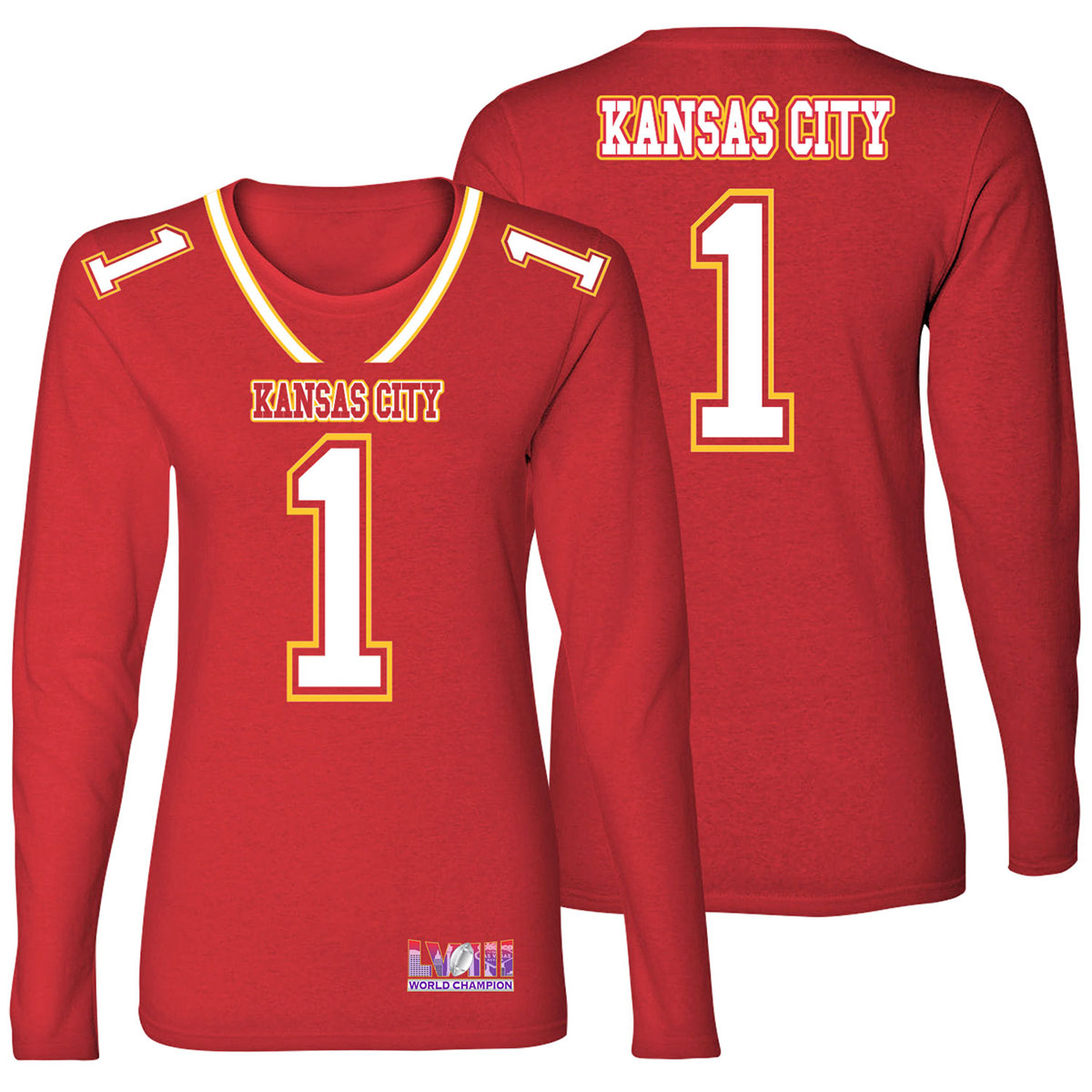 Women's Football Champion Winner Kansas City Shirt or Hoodie - LS - Team Jersey - Red - XL