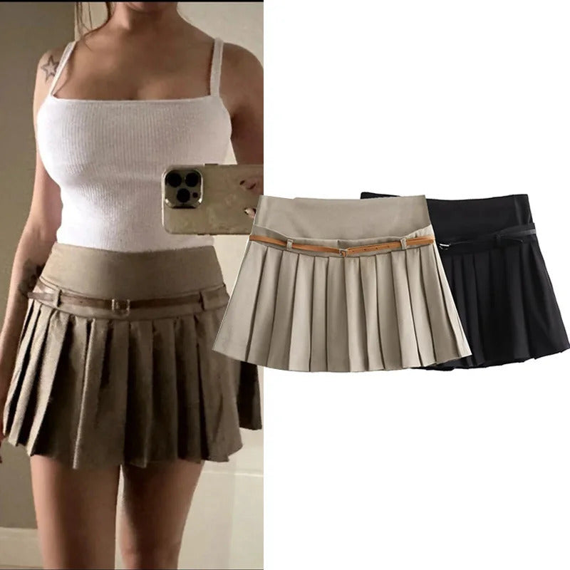 TRAF Pleated Woman Skirt Belt Skort For Women Black High Waist Mini Shorts Fashion Ruched Summer Short Skirts 240722