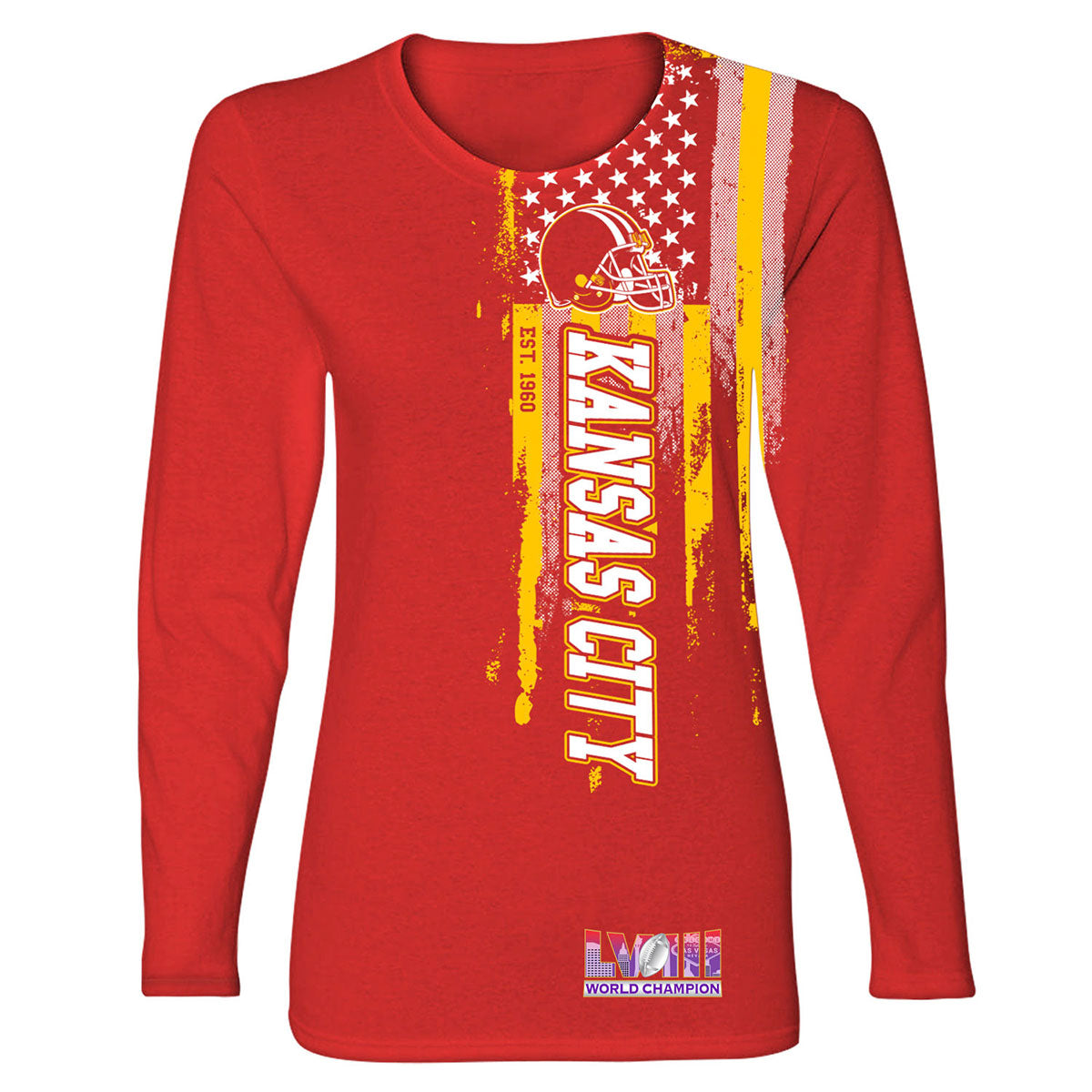 Women's Football Champion Winner Kansas City Shirt or Hoodie - LS - USA Flag - Red - 2XL