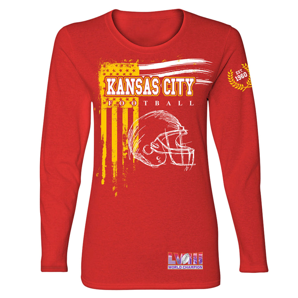 Women's Football Champion Winner Kansas City Shirt or Hoodie - LS - Vintage USA Flag - Red - XL