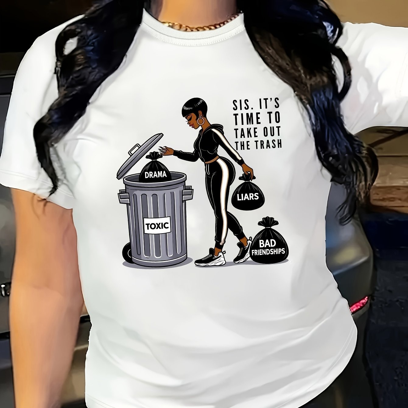 TEMU Plus Size - Women's " To Take Out The Trash" Graphic T-shirt - Casual Black Short Sleeve Crew Neck, Durable Fabric, Machine Washable, Humorous