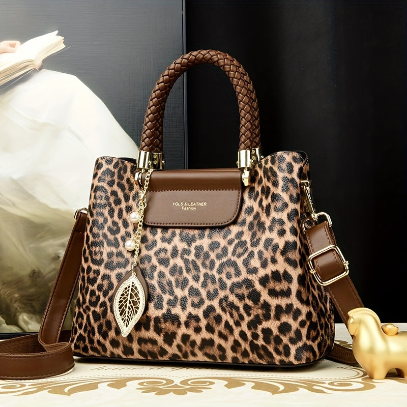 TEMU Elegant Vintage Leopard Print Ladies Handbag - Fashionable High-end Women's Bag, Crossbody Single Handbag With Zipper Closure