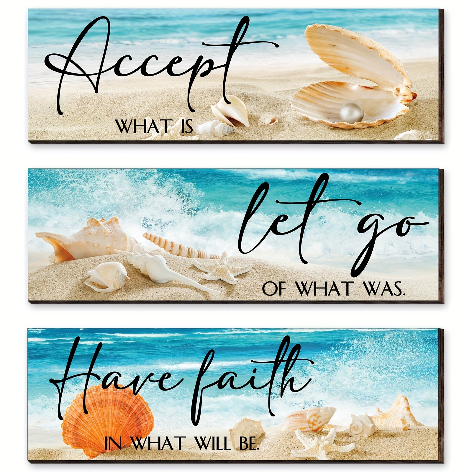TEMU 3pcs Ocean Inspirational Wooden Wall Decors Accept Let Go Have Faith Quotes Motivational Bedroom Hanging Decor Seashell Starfish Wooden Sign For