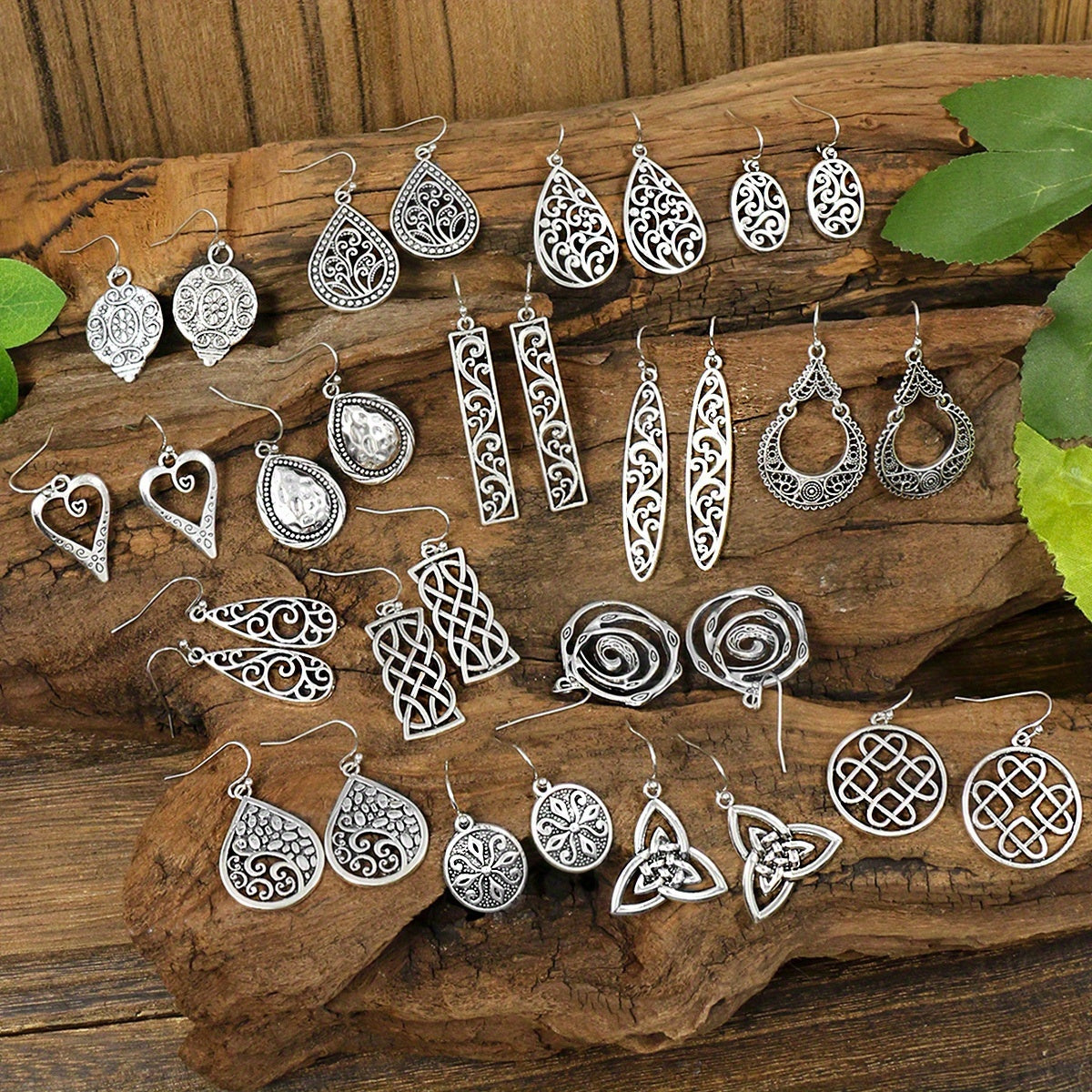 TEMU 16 Pairs Vintage Ethnic Style Silvery Geometric Hollow Minimalist Fashion Pendant, Multi-style Combination Earring Set For Women, Fashionable