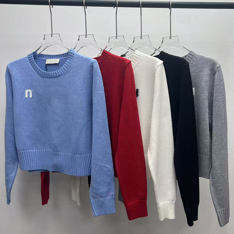 Luxury Knitted Women T Shirt Cropped Long Sleeve Knitted Jumper Tops Autumn Spring Round Neck Knits Shirts Sweater Jumpers