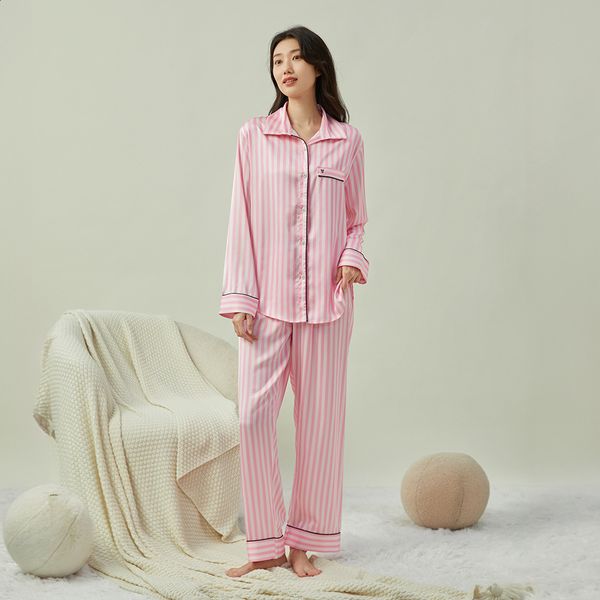 Autumn 2 Pieces Women&#039;s Pajamas Sets Faux Silk Striped Pyjama Women&#039;s Pajamas Sleepwear Sets Spring Summer Homewear 220321