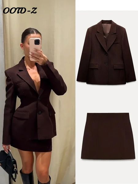 Elegant Blazer Coat Mini Skirt Sets Women Brown Shoulder Pad Cinched Waist Suit Jacket Aline Skirts 2 Piece Office Lady Outfits 250210