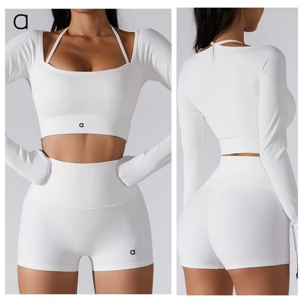A124 Women Yoga Suits Sports Shirts+Shorts Set Long Sleeve Yoga Shirts Shorts Quick Dry Sweatshirt Boxer-style Sets