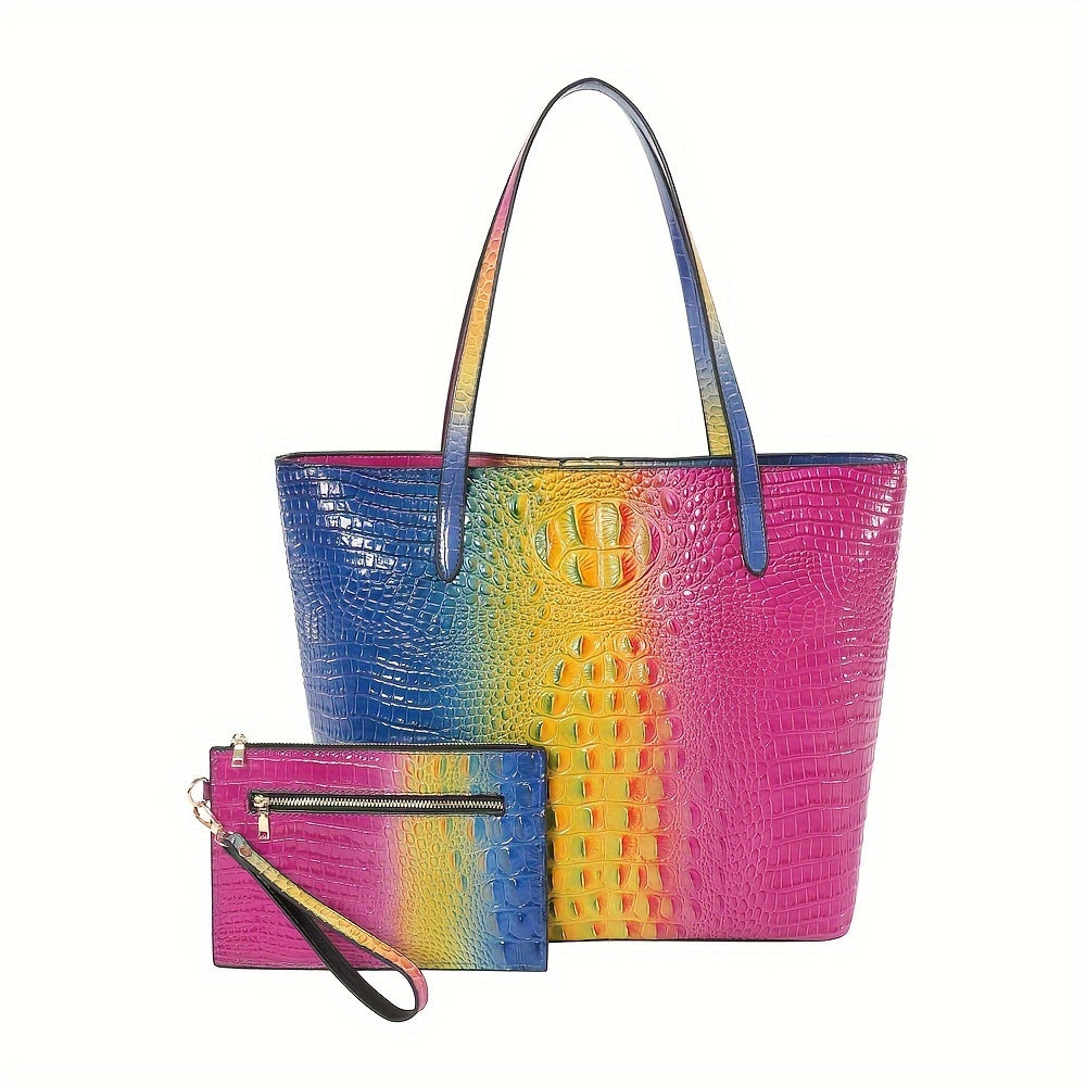 TEMU Crocodile Pattern Glossy Tote Bag With Clutch Purse, Colorblock Gradient Shoulder Bag, Luxury Handbag For Women