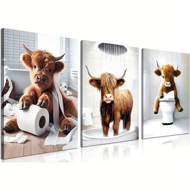 TEMU Funny Bathroom Highland Cow Canvas Wall Art, Set Of 3 Brown Cute Cow Animal Prints, Rustic Style Bathroom Wall Decor, Framed Canvas Artwork For