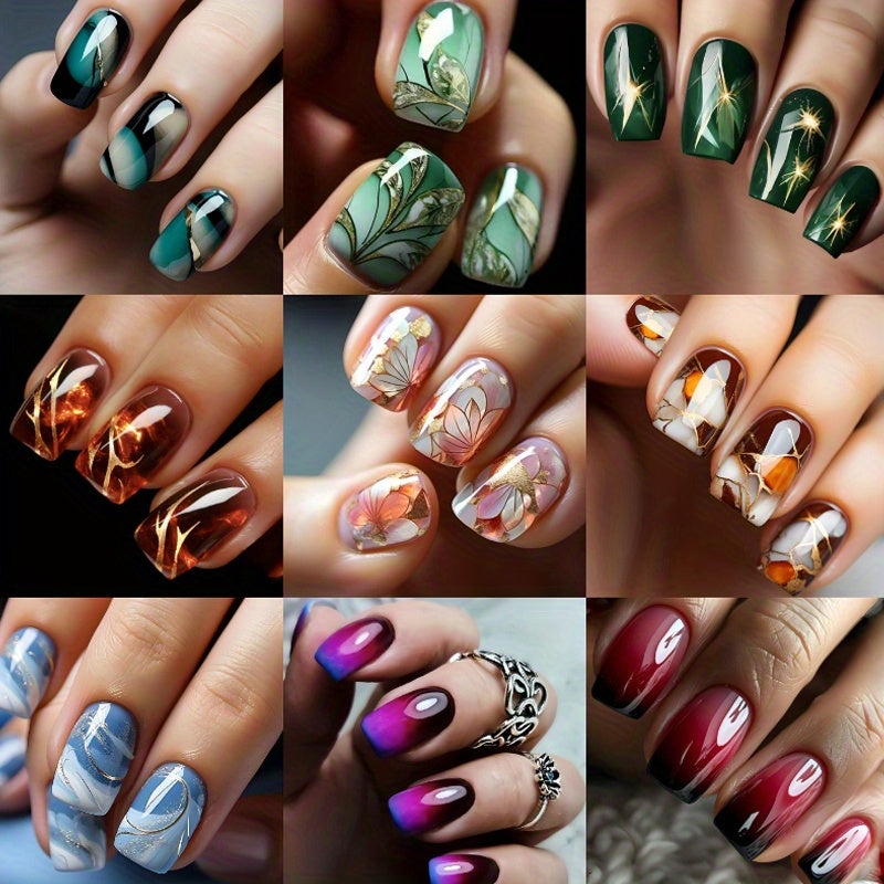 TEMU 216pcs (9pack)pressing Nail Set - Medium Square, Glossy Surface, Striped And Gradient Design, In Brown, Blue, Purple Colors - Reusable Fake