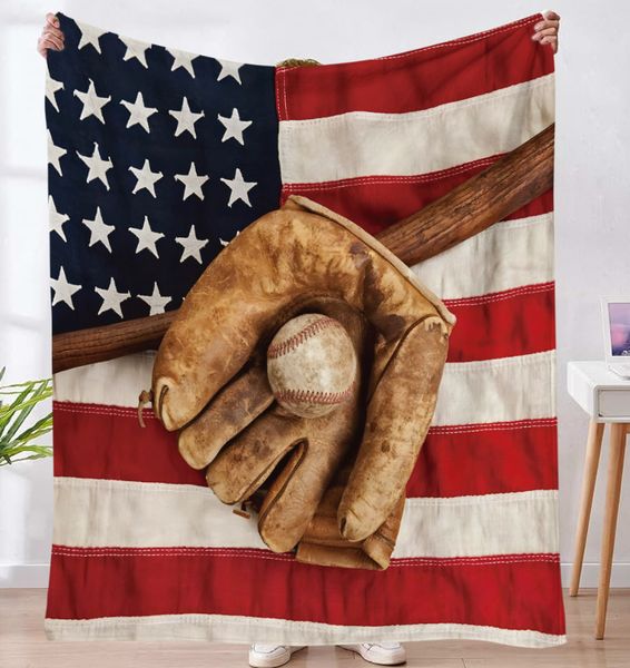 Baseball Blanket 130x150cm American Flag Sports Throw for Couch Bed Vintage Decor