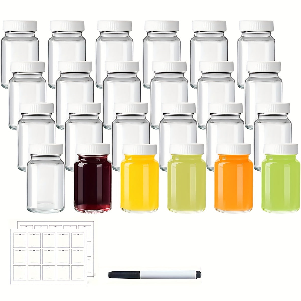 TEMU 24pcs Reusable Glass Bottle With Lid, 60ml-2oz Mini Flavor Bottle, Drinkware Set, Wellness Shots Bottle For Juicing, And Marker, Travel Sample