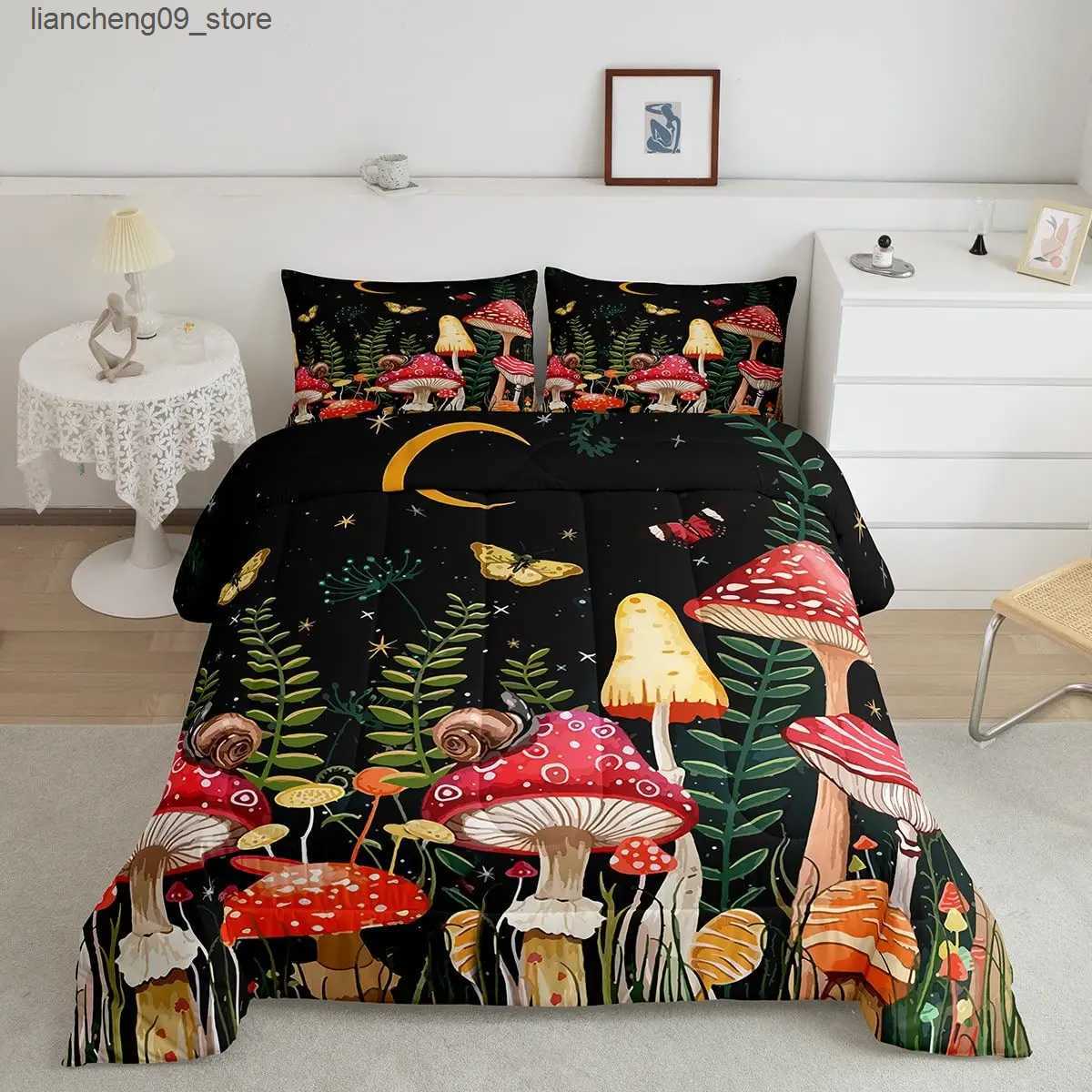 Bedding sets Red Mushroom Kawaii Comforter Set Twin Size Kids Bedding Set Botanical Plant Theme Print Quilt Bed Set for Boys Girls Adults L240910